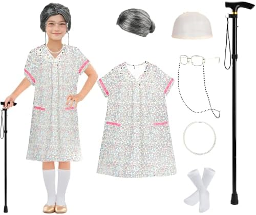 RAINDEWLL 100 Days of School Costume Old Lady Dress with Grandmother Accessories
