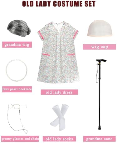 RAINDEWLL 100 Days of School Costume Old Lady Dress with Grandmother Accessories