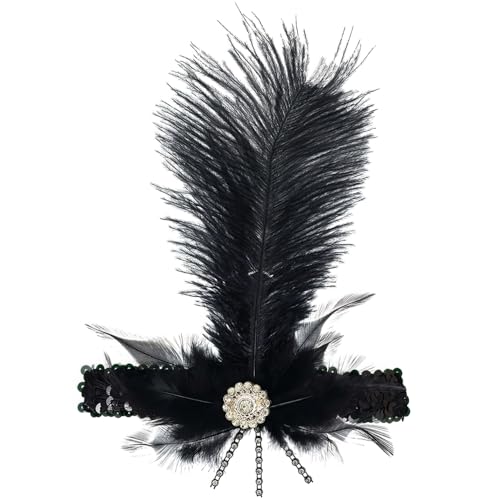 Elegant Black Charleston Feather Headband for 1920s Vibes