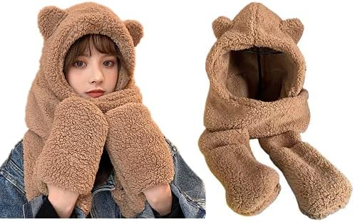 Wuluwala Cute Bear Kids Winter Gift Plush Scarf Hat Gloves Set