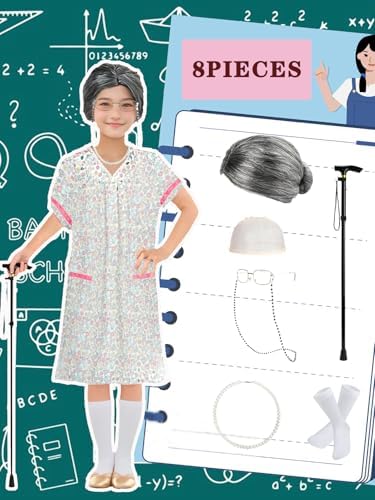 RAINDEWLL 100 Days of School Costume Old Lady Dress with Grandmother Accessories