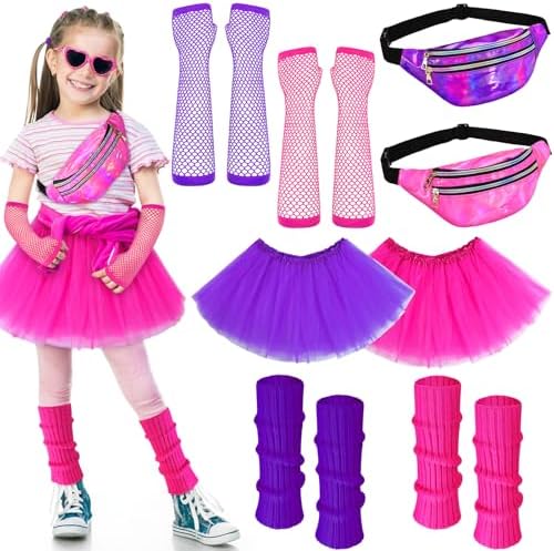 Toulite 8-Piece Halloween Kids 80s Costumes Set - Neon Leg Warmer Skirt Set