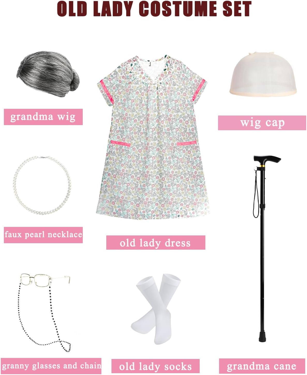 RAINDEWLL 100 Days of School Costume Old Lady Dress with Grandmother Accessories