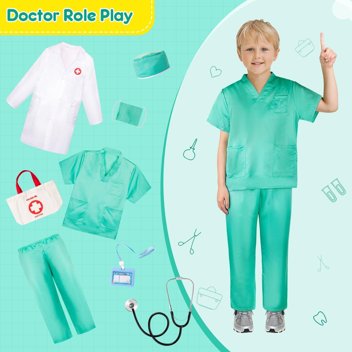 Meland Kids Doctor Role-Play Set with scrubs lab coat