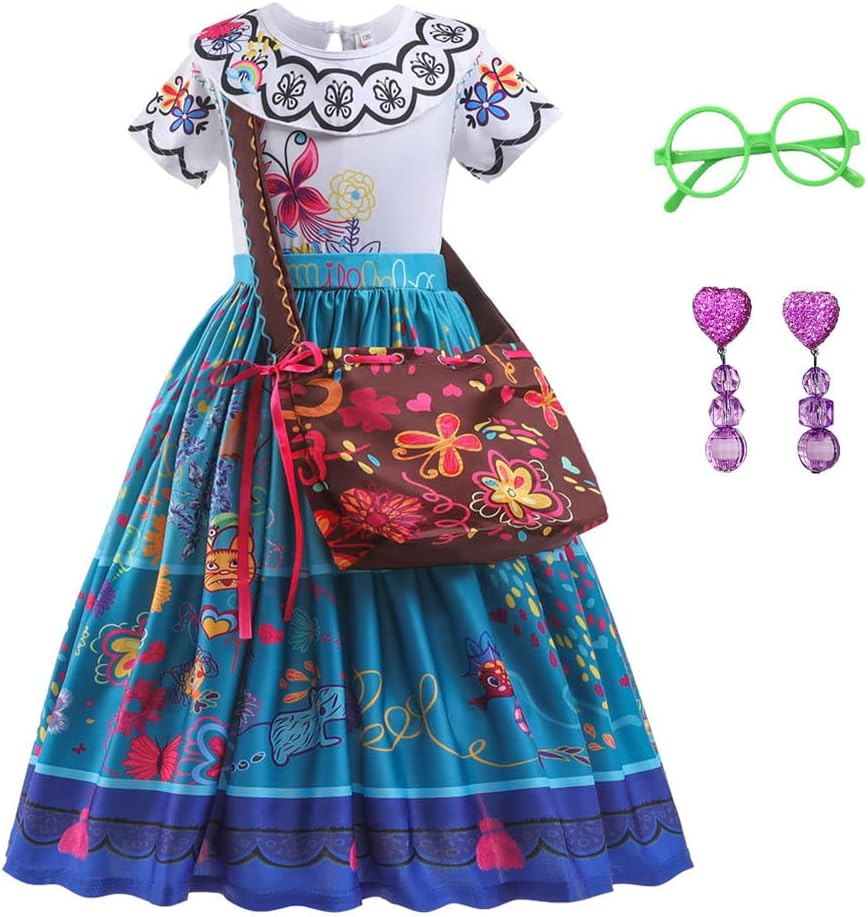 Encanto Mirabel Costume for Girls Isabella Halloween Dress Up with Earrings
