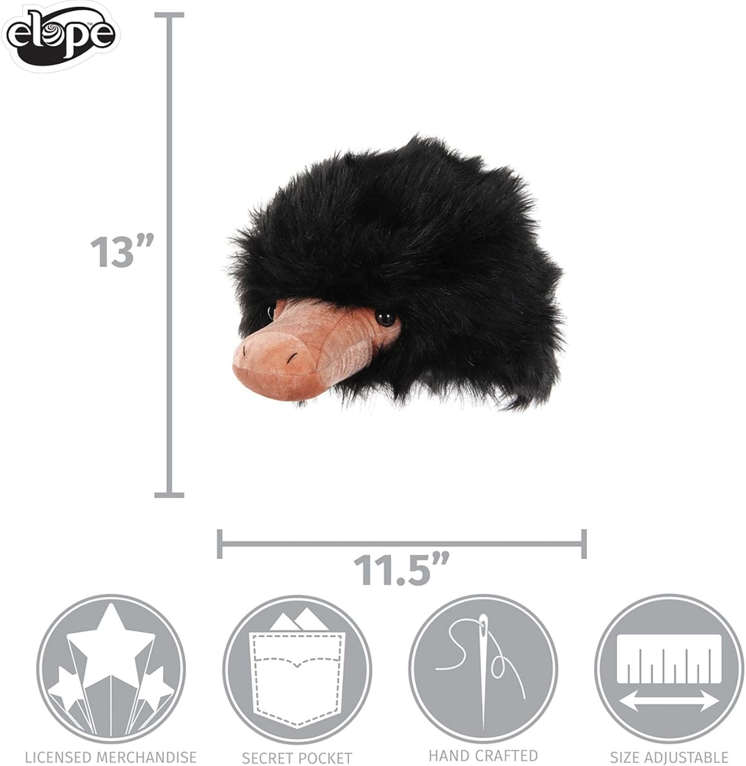 Plush Niffler Hat for Adults Faux Fur Plastic Eyes and Adjustable