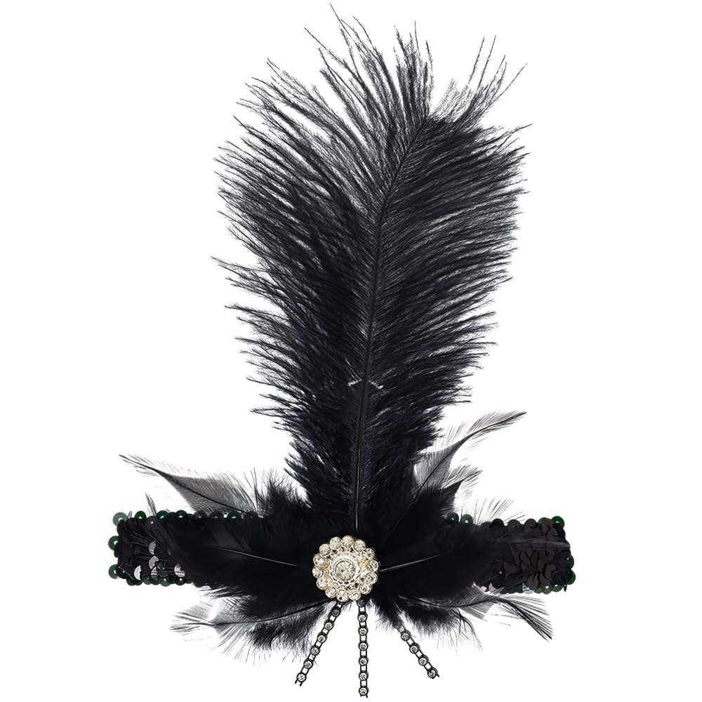 Elegant Black Charleston Feather Headband for 1920s Vibes