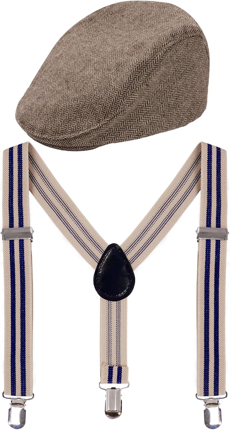 Stylish Kids Newsboy Cap Set with Suspenders for Weddings and More