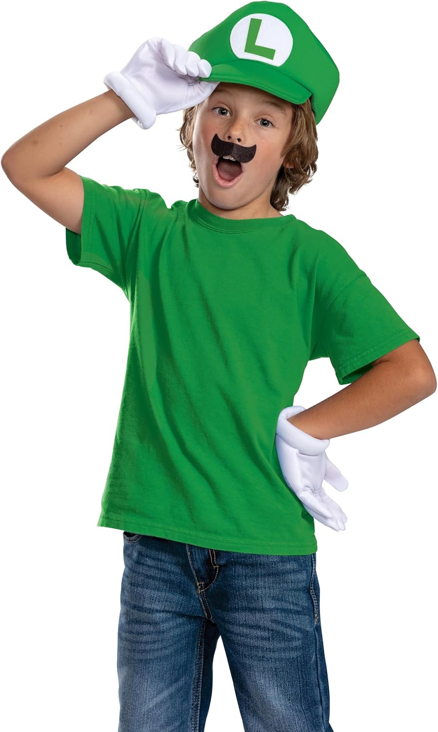 Disguise Luigi Costume Kit Elevated Mustache Hat Gloves for Super Mario Frienemy