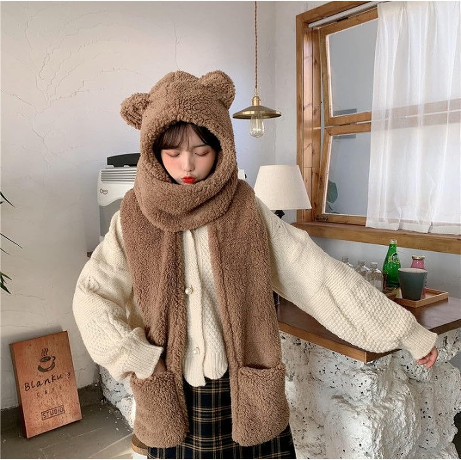 Wuluwala Cute Bear Kids Winter Gift Plush Scarf Hat Gloves Set
