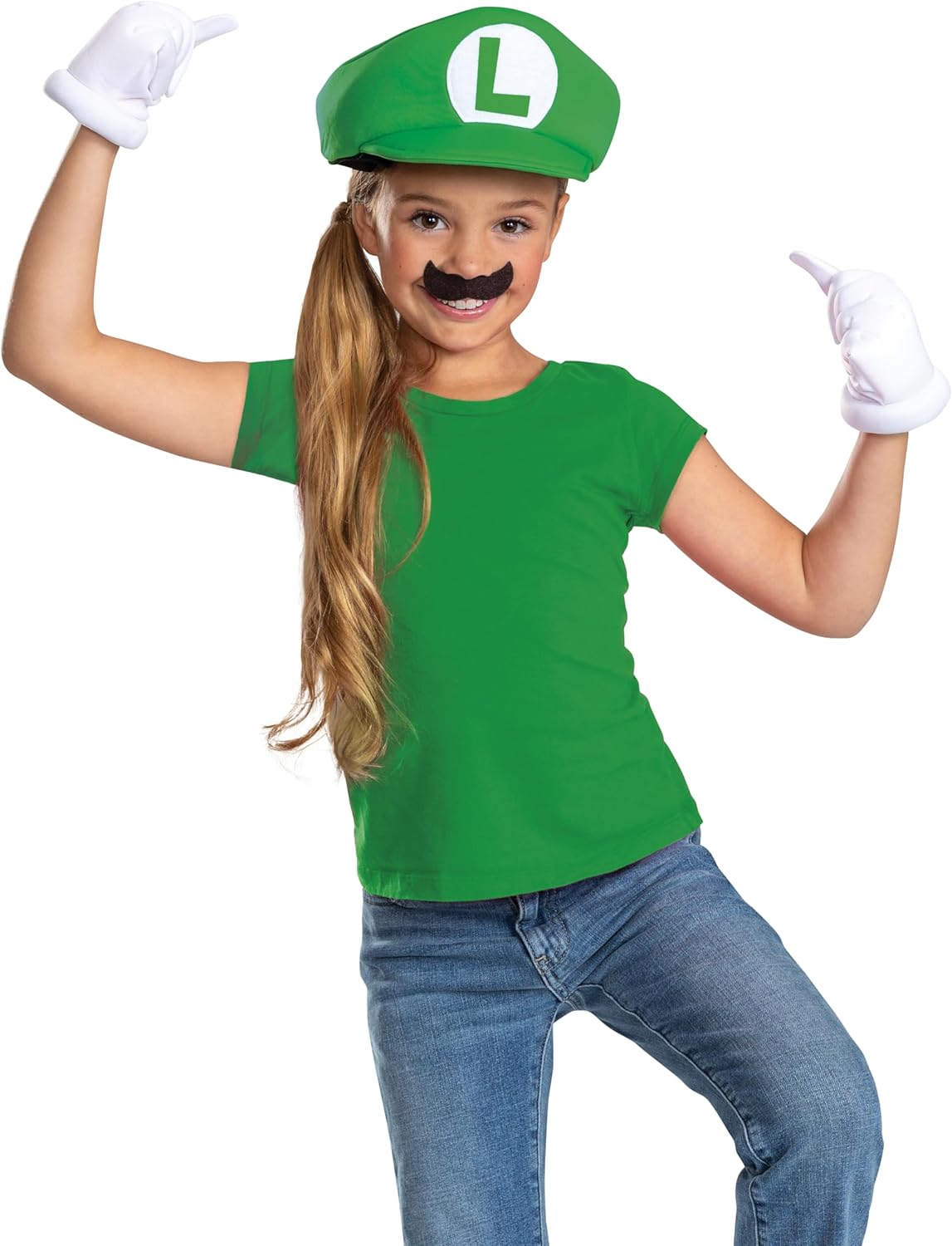 Disguise Luigi Costume Kit Elevated Mustache Hat Gloves for Super Mario Frienemy