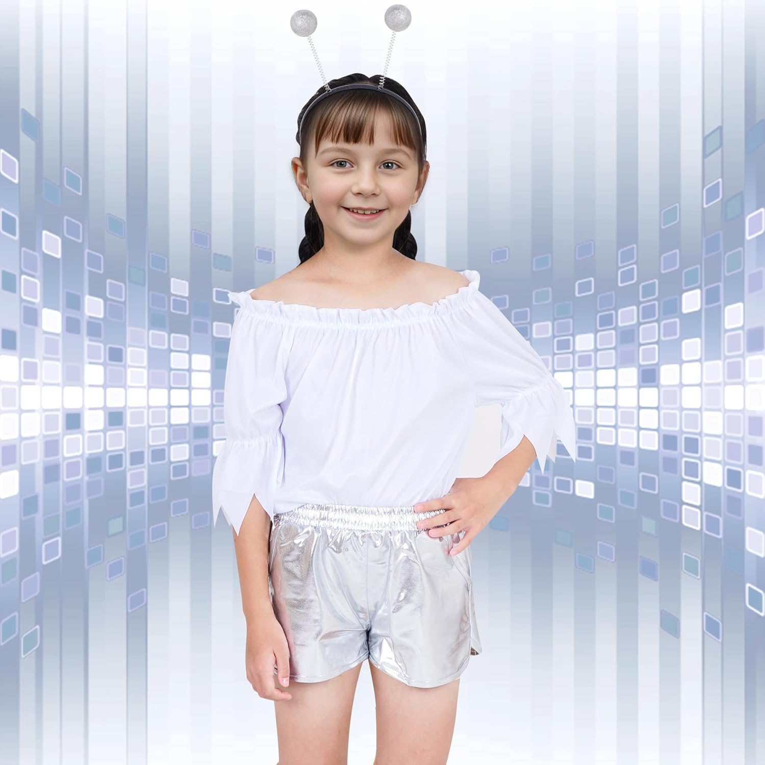 Bskifnn Alien Costume Metallic Shorts with Headband for Kids