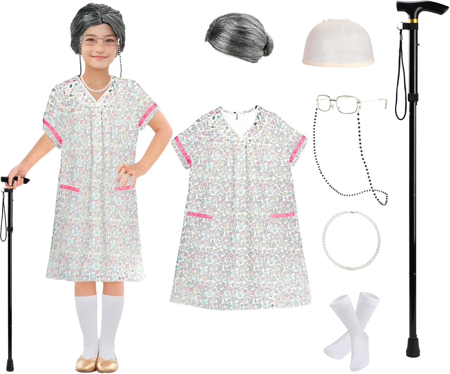 RAINDEWLL 100 Days of School Costume Old Lady Dress with Grandmother Accessories