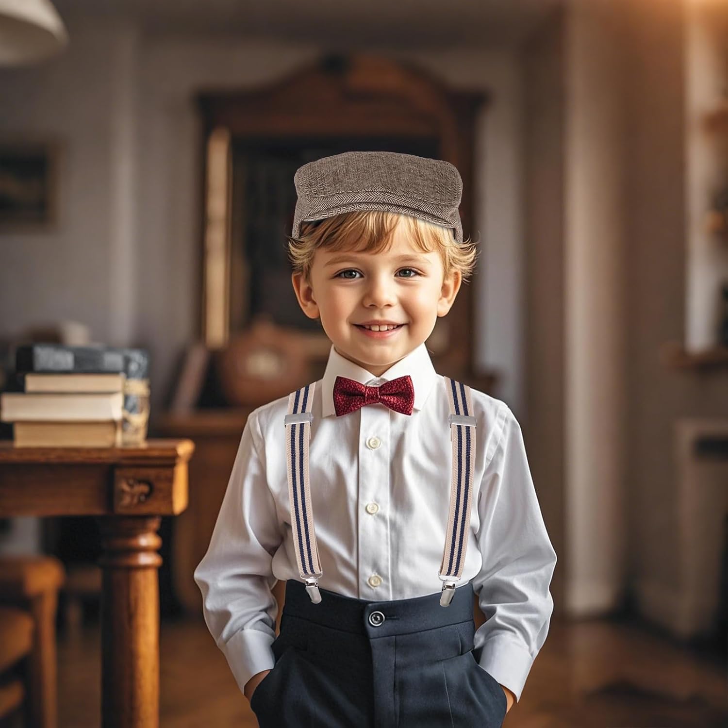Stylish Kids Newsboy Cap Set with Suspenders for Weddings and More
