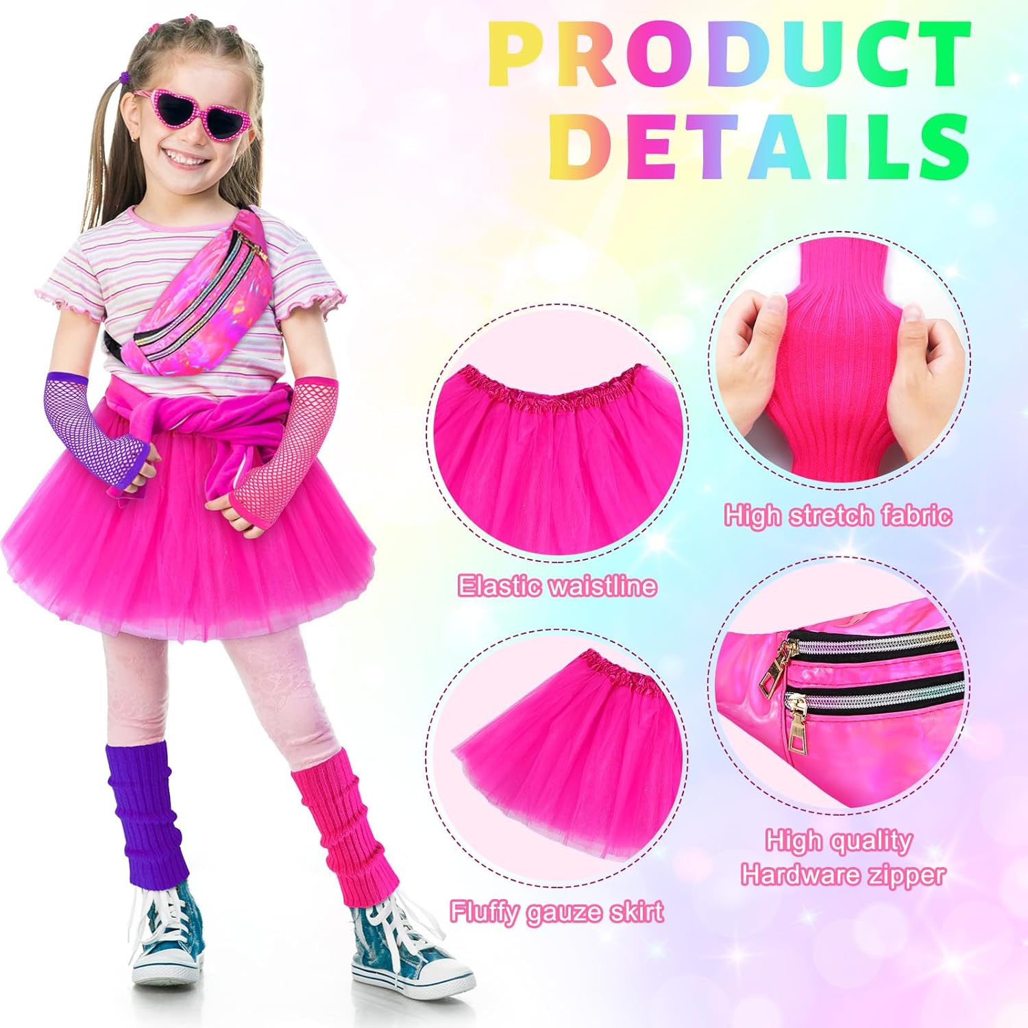 Toulite 8-Piece Halloween Kids 80s Costumes Set - Neon Leg Warmer Skirt Set