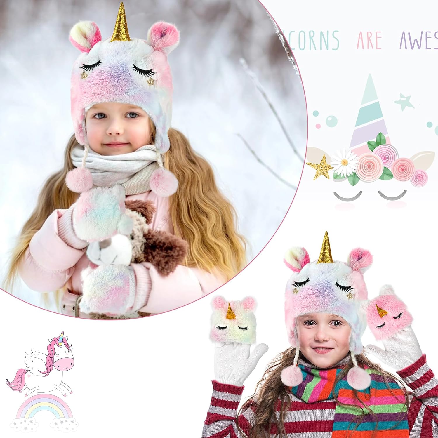 Cute Unicorn Winter Hats and Gloves for Girls