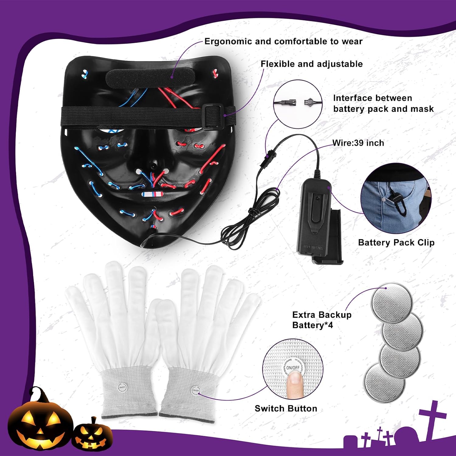 Halloween Skeleton LED Mask and Gloves Set