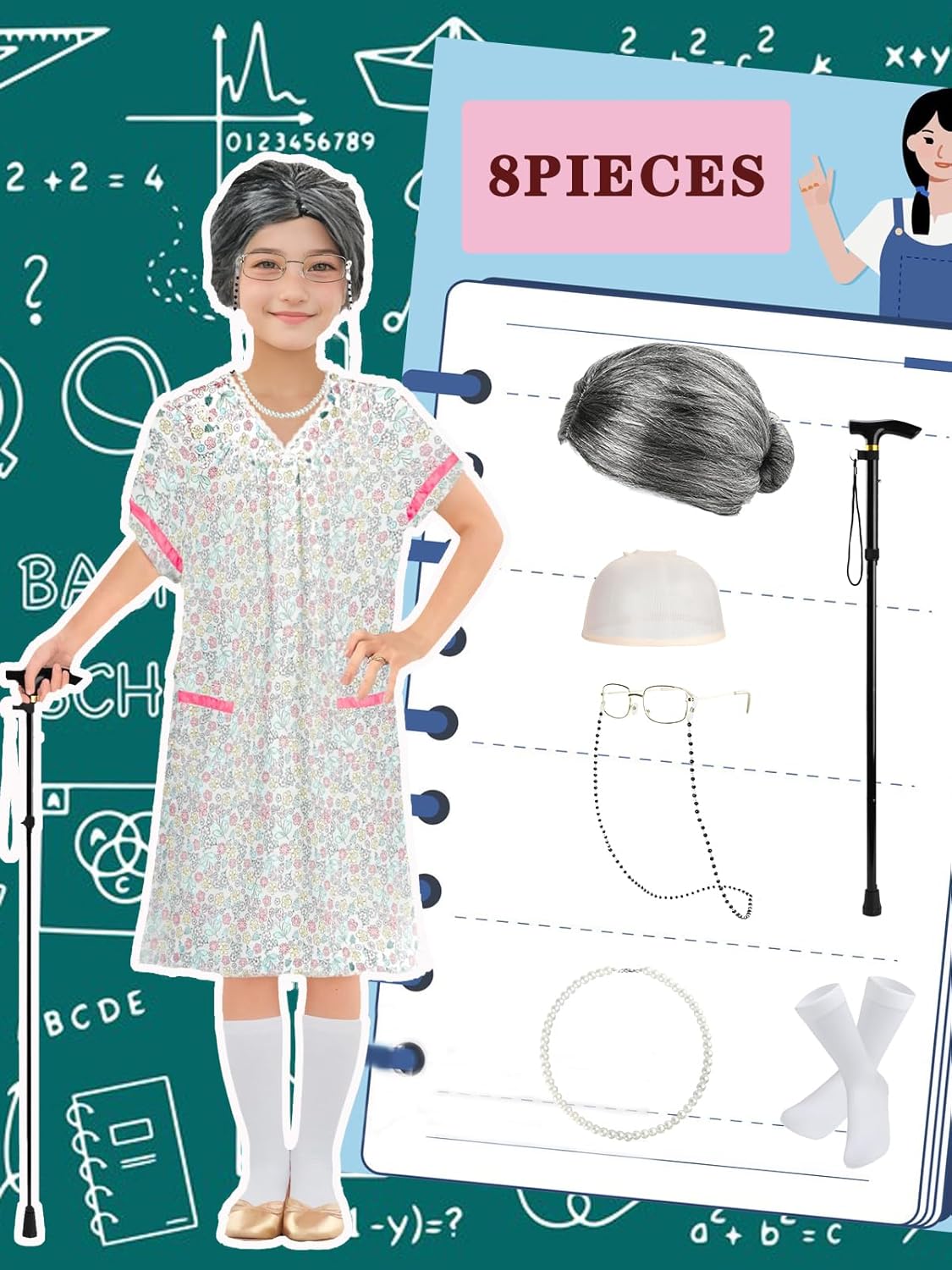 RAINDEWLL 100 Days of School Costume Old Lady Dress with Grandmother Accessories