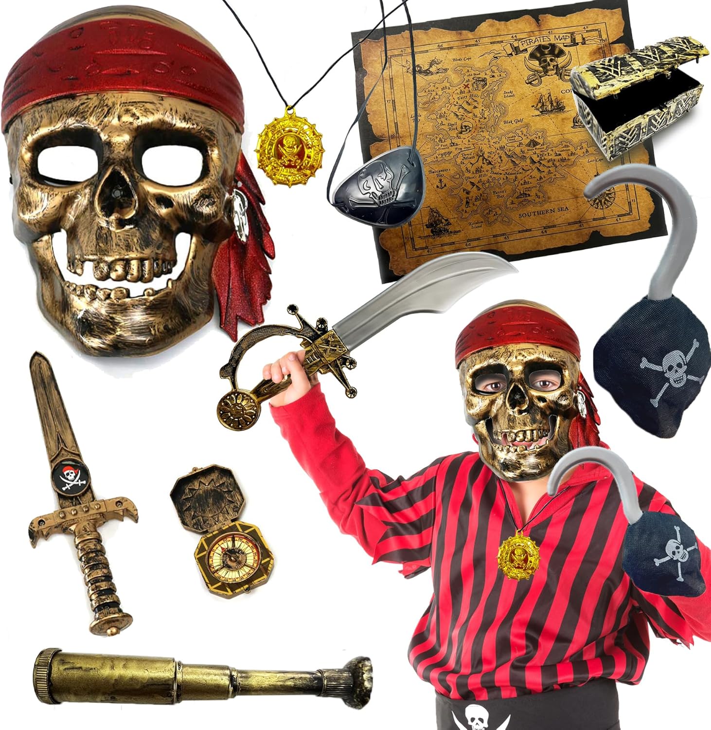 GiftExpress Kids Pirate Costume - 10-Piece Deluge Halloween Accessories Role Play Set
