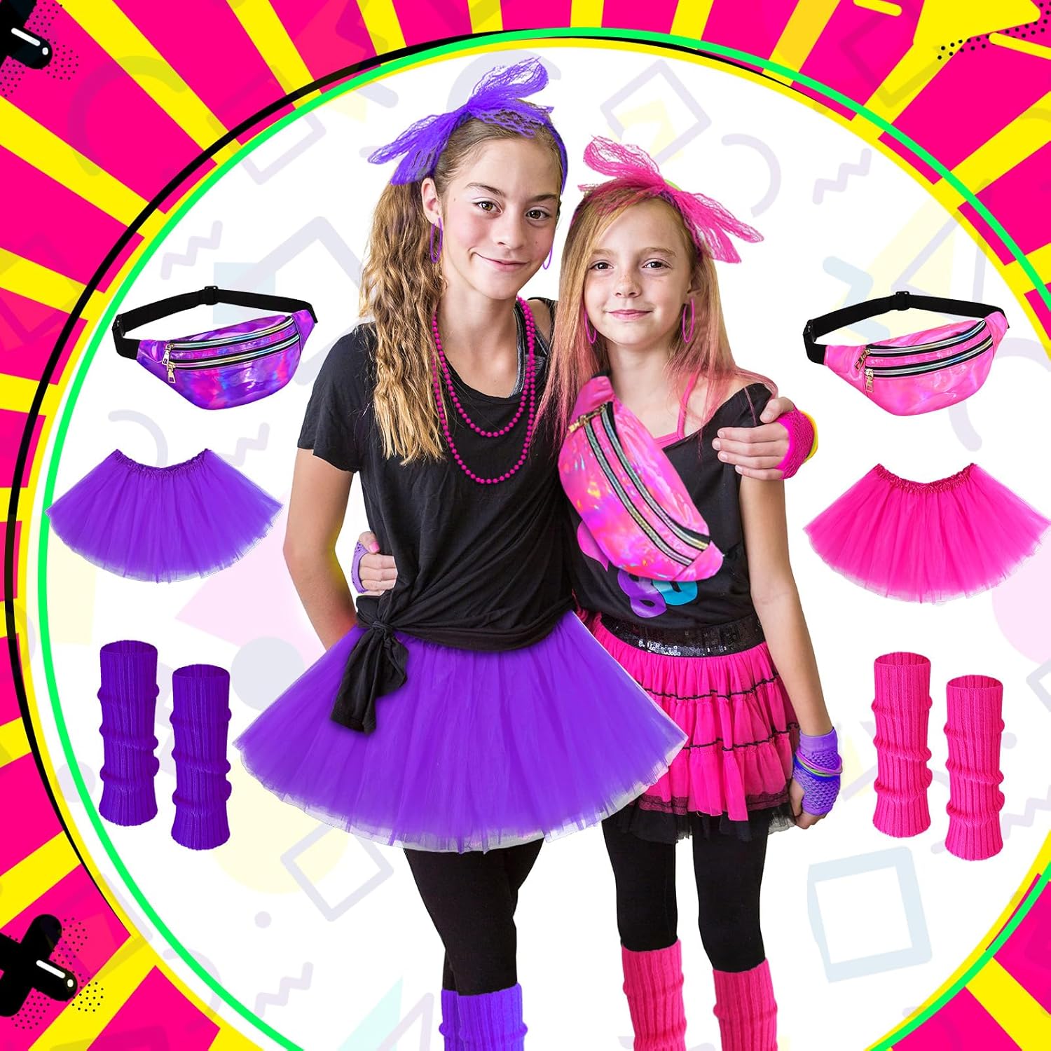 Toulite 8-Piece Halloween Kids 80s Costumes Set - Neon Leg Warmer Skirt Set