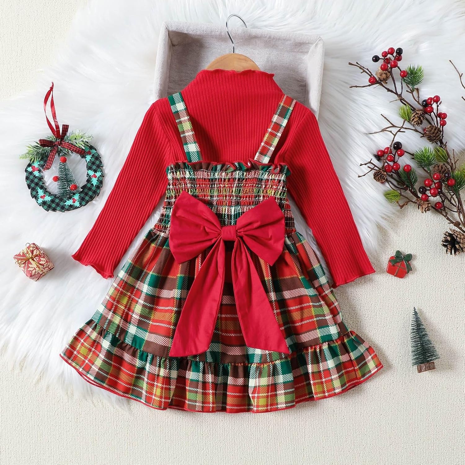 Toddlers Girls Christmas Outfit - Red Plaid Long Sleeve