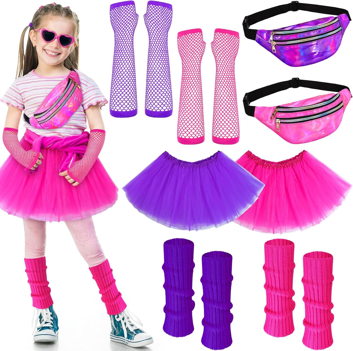 Toulite 8-Piece Halloween Kids 80s Costumes Set - Neon Leg Warmer Skirt Set