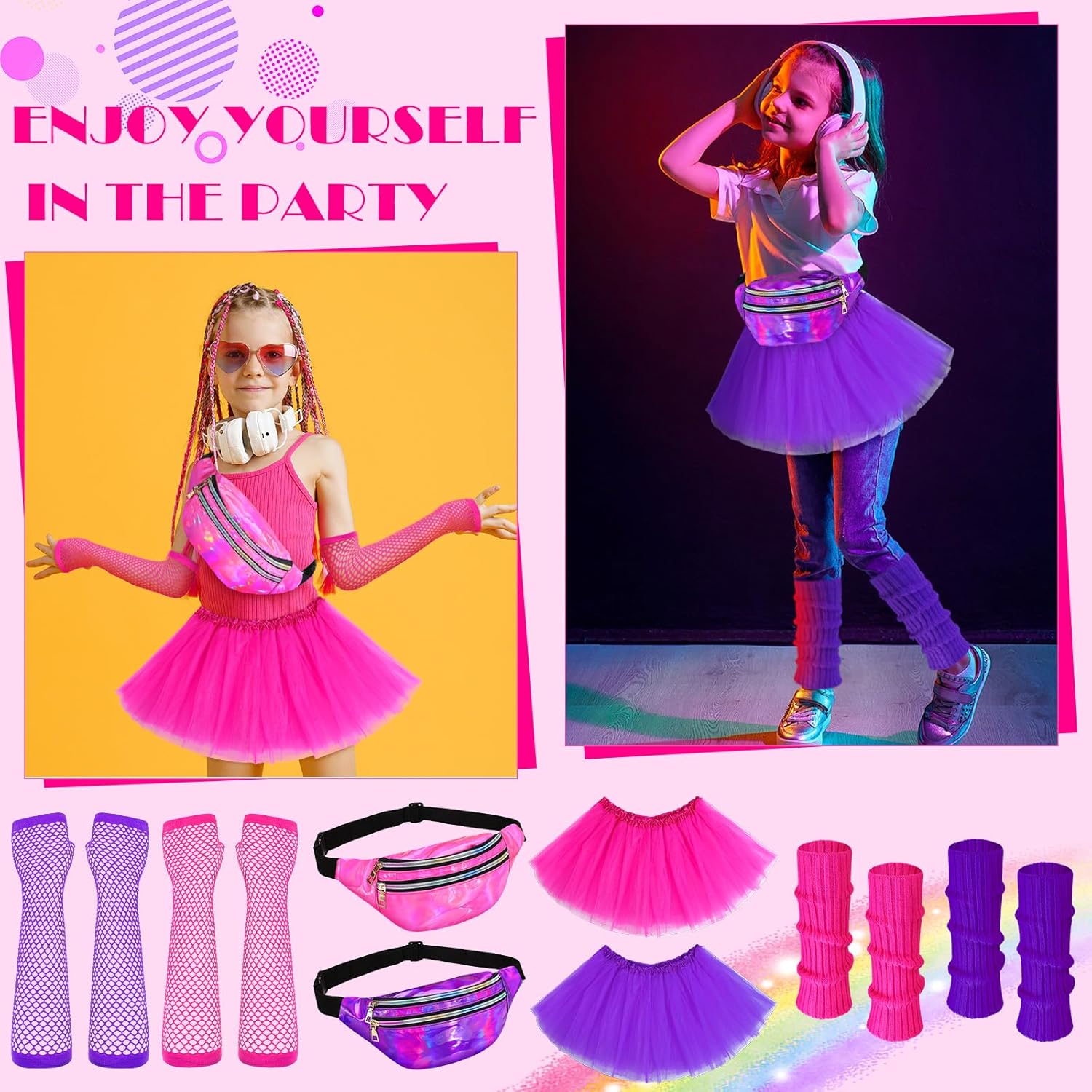 Toulite 8-Piece Halloween Kids 80s Costumes Set - Neon Leg Warmer Skirt Set